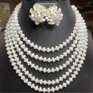 Vintage Signed W. GERMANY 5 Strand Milk Glass Necklace and Earrings Set.